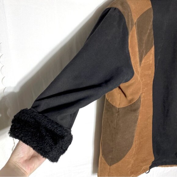 Vintage Luba Brown Black Faux Suede Colour Block Coat W Faux Fur Trim XL - Picture 9 of 16